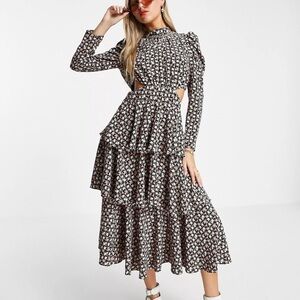 TOPSHOP Plus tiered cut out midi dress ditzy in multi boho cottagecore 14